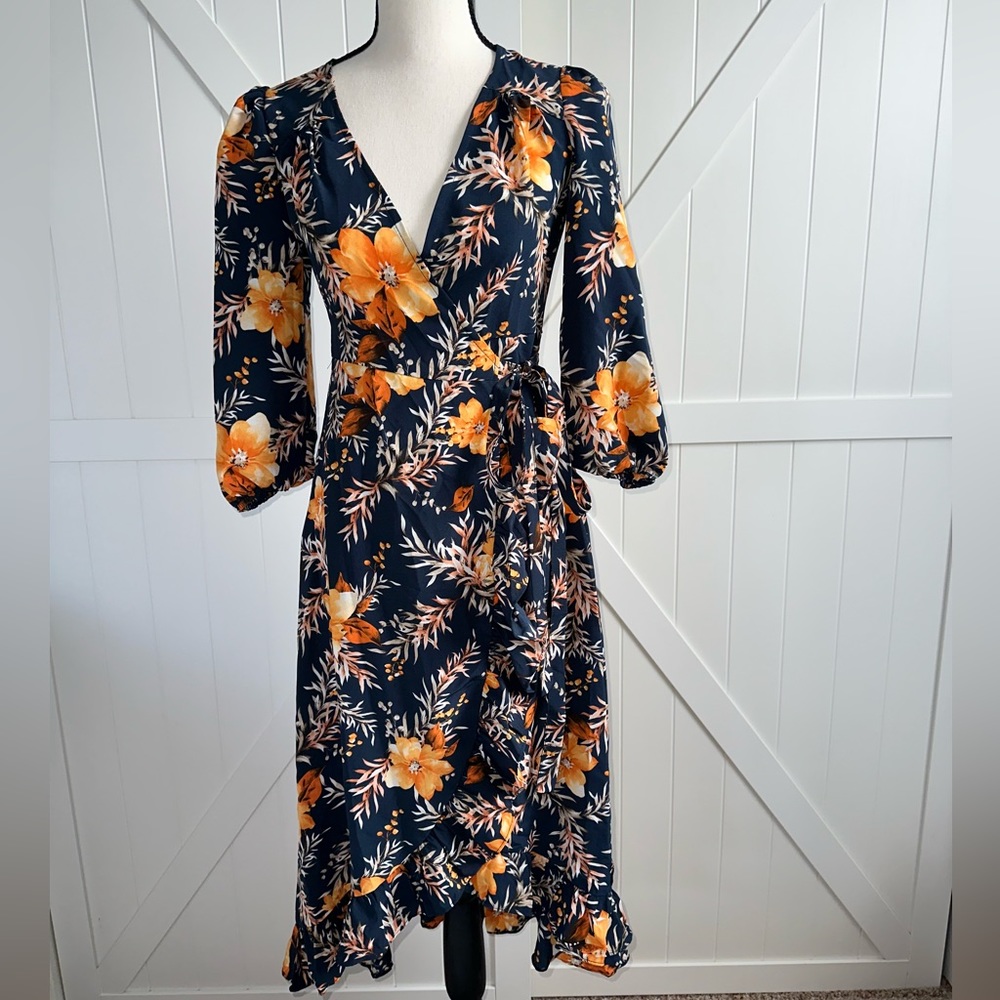 Francesca's Blue Rain NWT Floral Wrap Dress XS Hi-Low Ruffle Boho